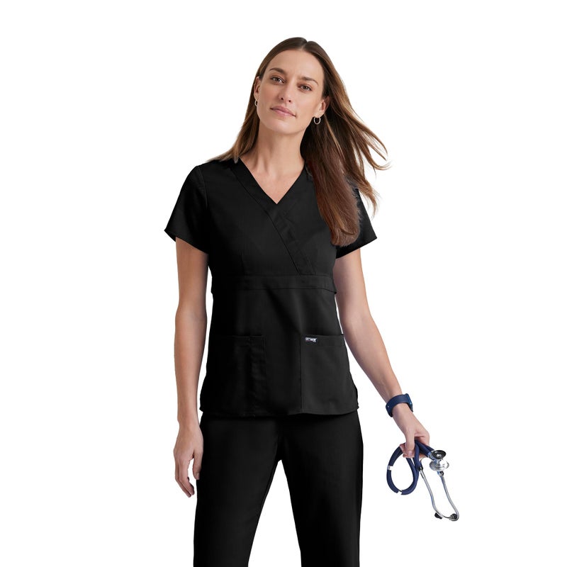 Barco Grey's Anatomy Women's Junior Fit 3 Pocket Mock Wrap Scrub Top, Black, Small - Image 1